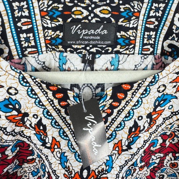 Vipada Handmade African Dashiki Shirt Red Blue Ornate Print V-Neck Medium NWT - Picture 6 of 6
